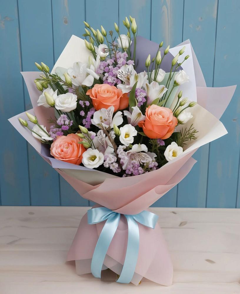 Букет цветов из: Лизиантусы, Розы, Альстромерии и Гипсофила в Тенгинской