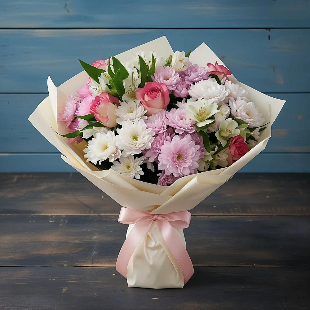 Букет цветов из: Хризантемы, Альстромерии и Розы в Тенгинской